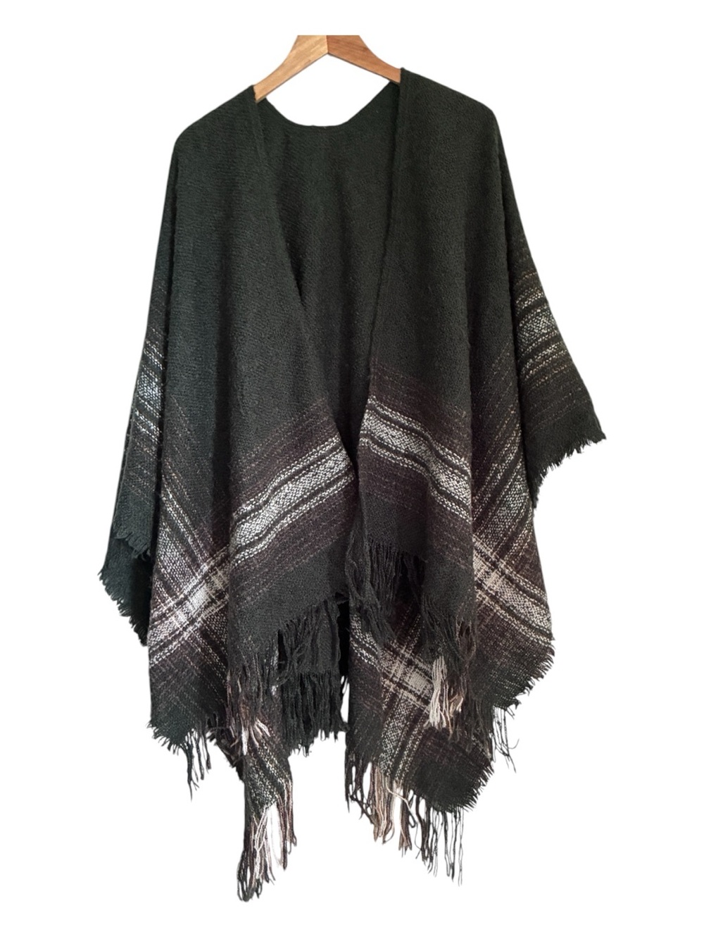 Olive Green Cabincore Autumn Fall Plaid Fringe Oversized Poncho Sweater OS